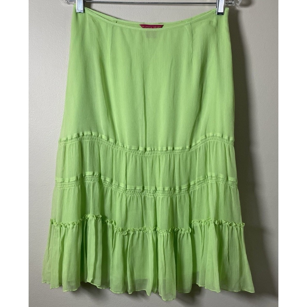 Sunny Leigh 100% Silk Lime Green Tiered Lined Flowy Skirt Women's 4 NWT